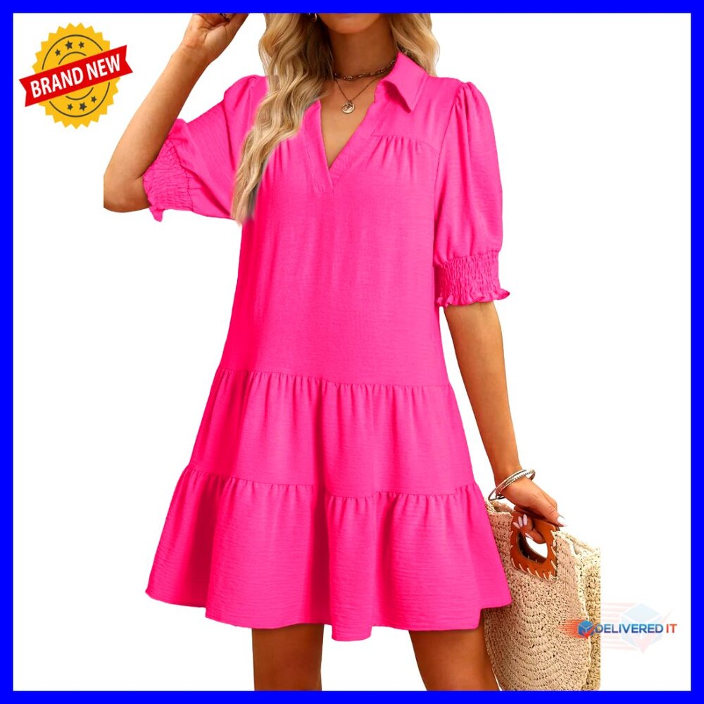 Pleated A-Line Midi Dress Lapel Collar V-Neck Mid Sleeve Summer Casual Chic